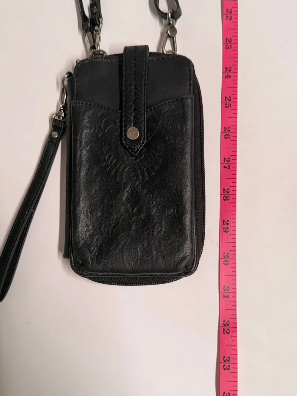 The Sak Black Leather Phone Crossbody Wallet Wristlet Embossed Floral Organizer